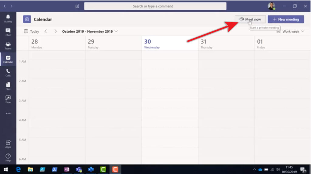 Meet Now button on Microsoft Teams
