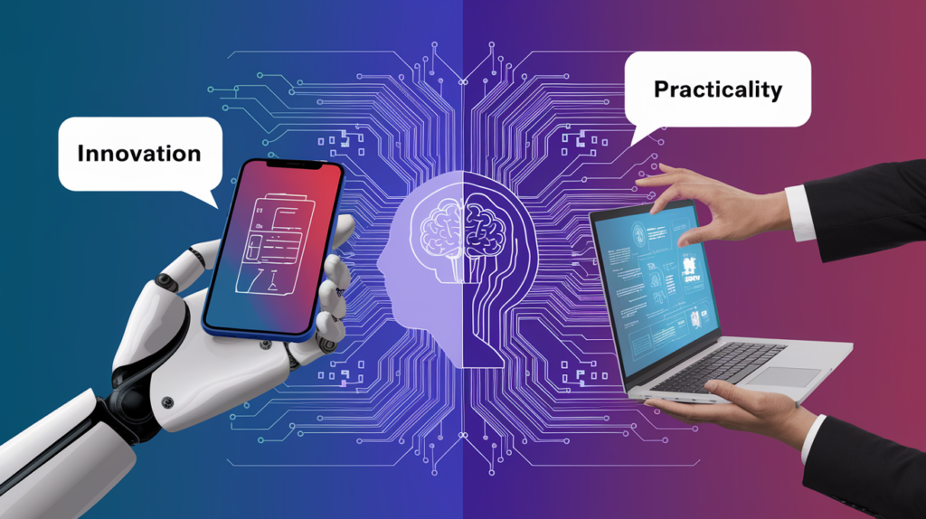 The image depicts a conceptual representation of the relationship between innovation and practicality in technology. On the left side, a robotic hand holds a smartphone, symbolizing innovation, while on the right side, a human hand interacts with a laptop, representing practicality. The background features a brain and circuit patterns, suggesting a connection between human intelligence and technological advancement. The speech bubbles highlight the contrasting themes of "Innovation" and "Practicality," emphasizing the balance between creative ideas and their real-world applications.