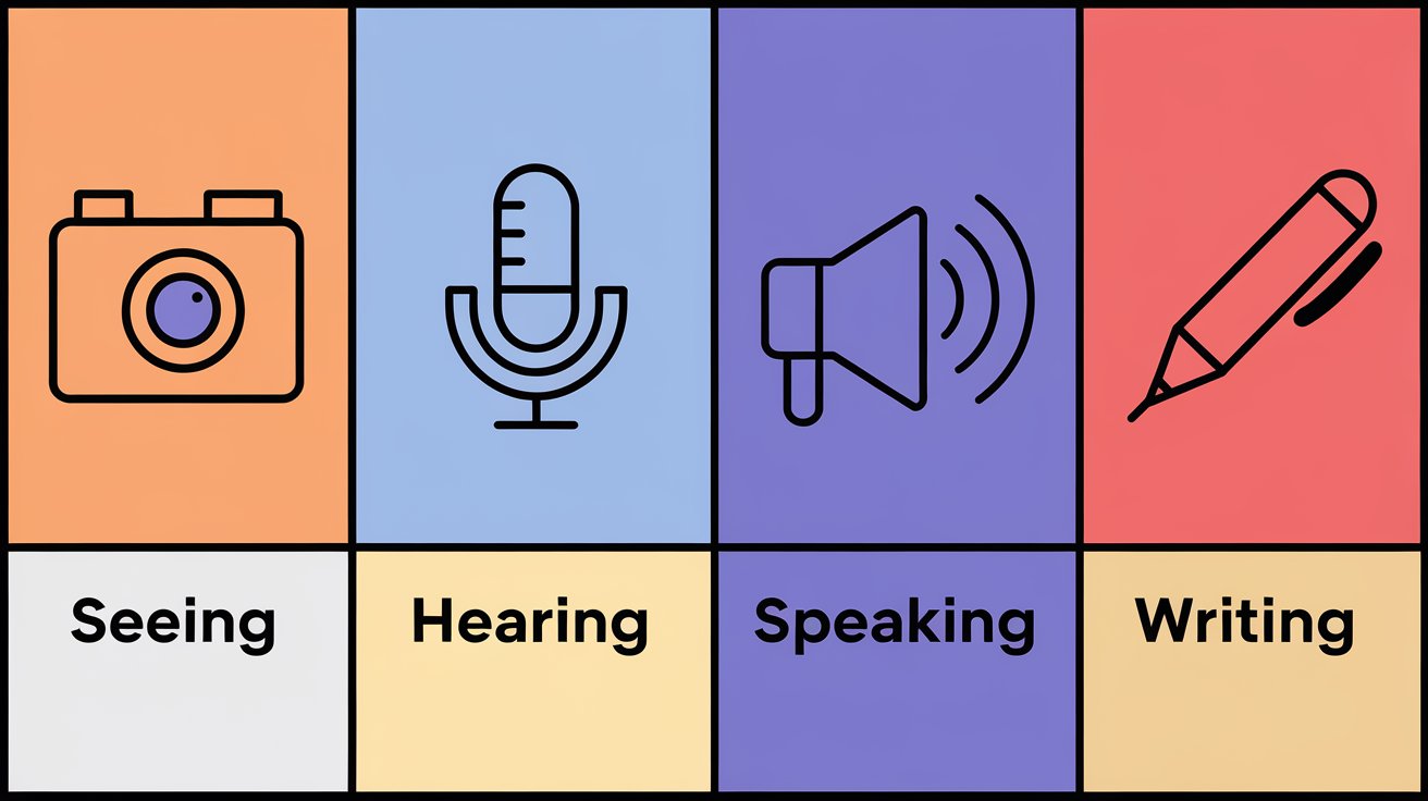 an image highlighting Seeing, Hearing, Speaking, and Writing