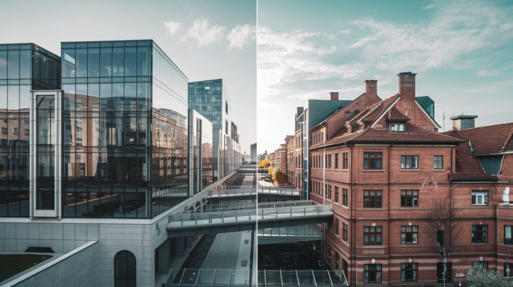 Juxtaposition of modern glass office buildings and traditional brick architecture, connected by an elevated walkway, symbolizing the integration of legacy systems with new technologies in urban development. This alt text captures the visual elements of the image while relating it to the theme of integrating old and new systems, which is central to the article about using AI-powered APIs to bridge legacy systems with modern technology. The contrast between the sleek glass structures and the older brick buildings, connected by a modern walkway, serves as a metaphor for the technological integration discussed in the article.