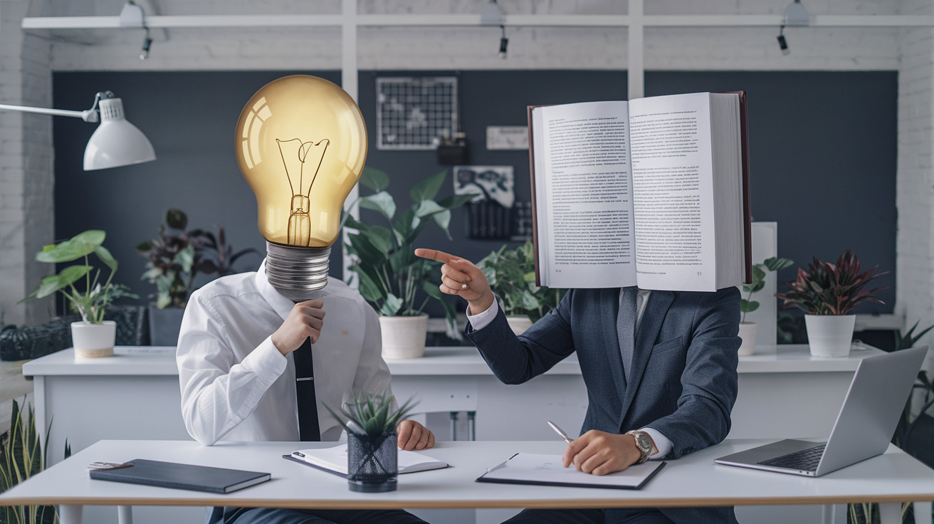 Surreal office scene with two professionals at desk - one with glowing lightbulb for head, other with open book, representing VantageIQ's transformation of documents into insights