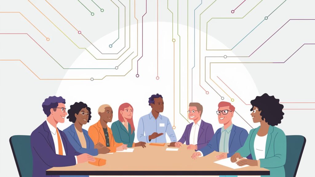 Imagine a bright, welcoming illustration that blends the human and technological elements of AI. Picture a diverse group of professionals gathered around a conference table, each person engaged in positive conversation. In the background, subtle, softly colored circuit lines or abstract shapes hint at the role of data and AI without overpowering the scene. The lighting is warm and inviting, suggesting a forward-thinking environment where people and AI work together. This visual sets a friendly, optimistic tone and conveys the idea of collaboration, innovation, and accessible technology